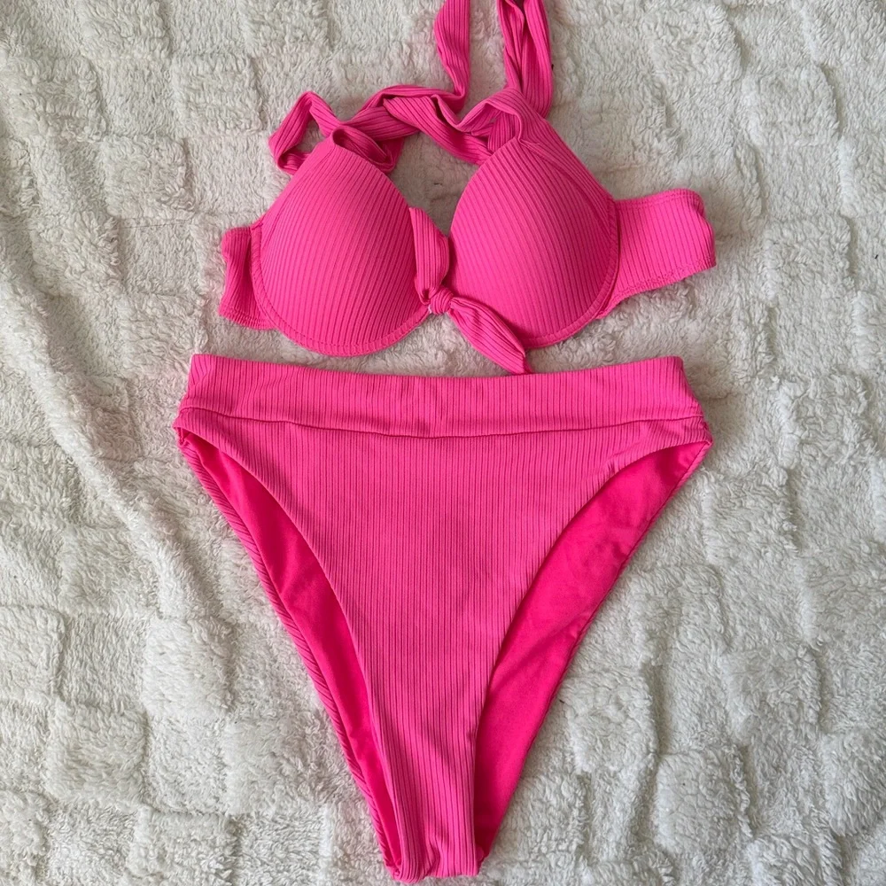 Neon Pink Ribbed Bikini Set High Waisted Two Piece Swimsuit Size M